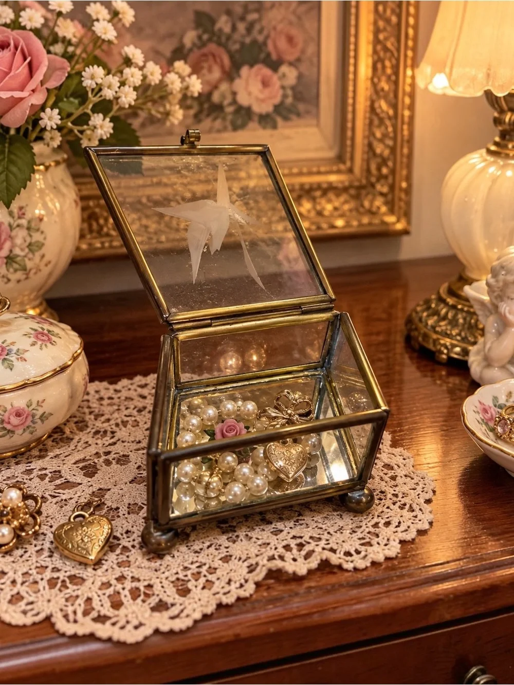 Vintage Diamond Coffin Style Glass Trinket Box Brass Footed Mirrored Floral